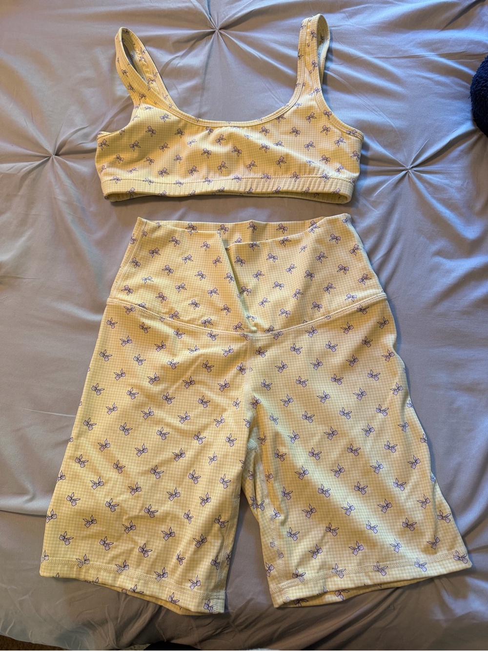 Yellow Floral Ribbed Bralette and High-Waist Bike Shorts Set.